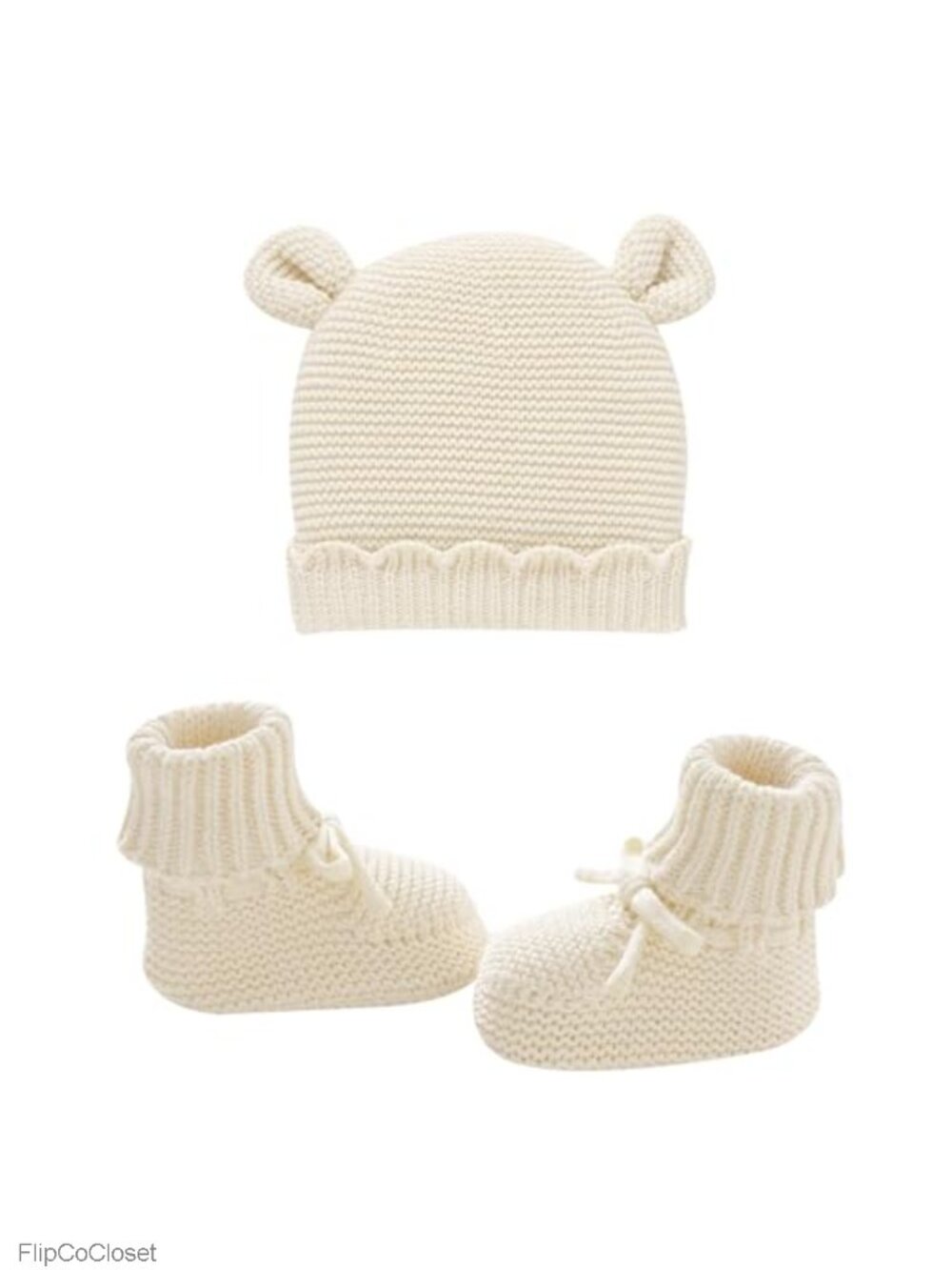 Organic Cotton Baby Beanie & Knit Booties Set Bear Ear Infant Warm